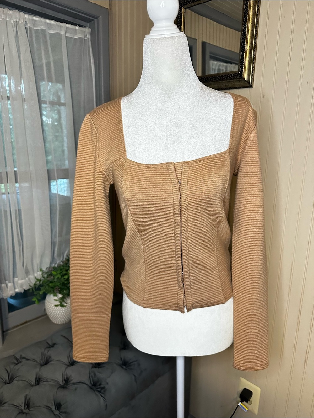 NWT BB Dakota Steve Madden Corset Top S Brown Hook Eye Long Sleeve $69